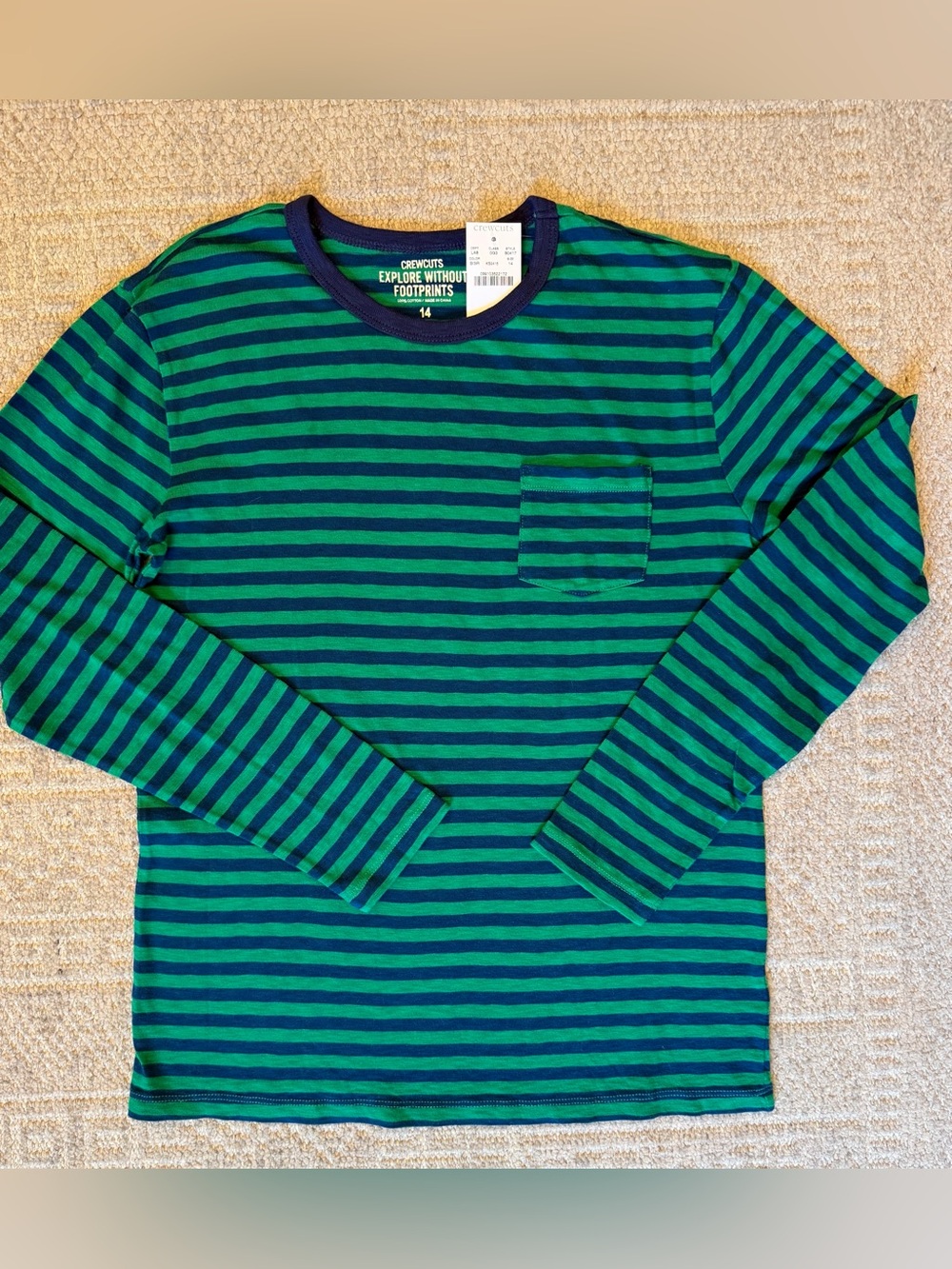 NWT Crewcuts Boys Green and Navy Striped Long-Sleeve Pocket Tee size 14